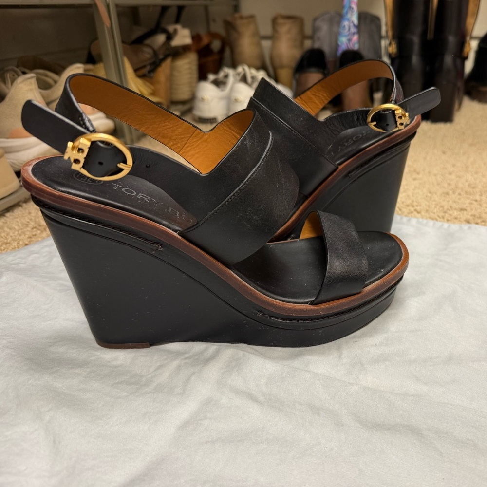 Tory Burch Black Leather Wedges